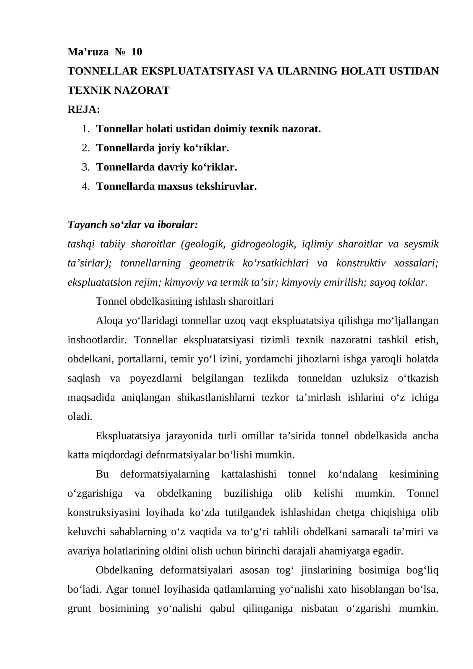 TONNELLAR EKSPLUATATSIYASI VA ULARNING HOLATI USTIDAN TEXNIK NAZORAT 1