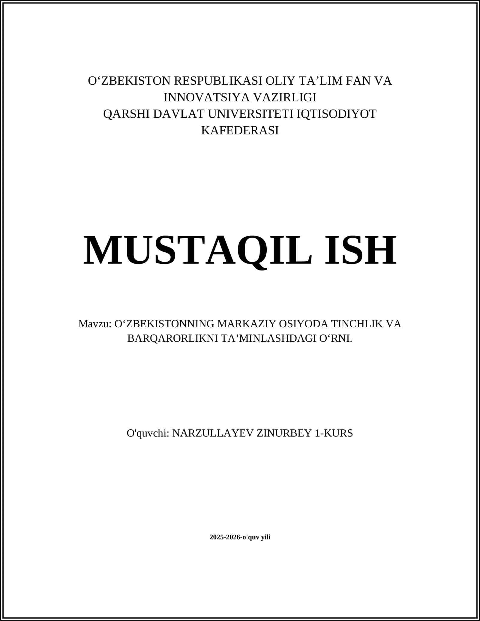 OʻZBEKISTONNING MARKAZIY OSIYODA TINCHLIK VA BARQARORLIKNI TAʼMINLASHDAGI OʻRNI 1