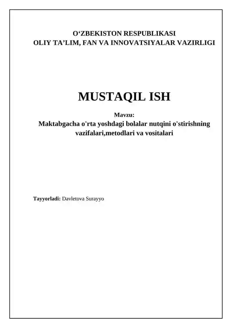 Maktabgacha o'rta yoshdagi bolalar nutqini o'stirishning vazifalari, metodlari va vositalari