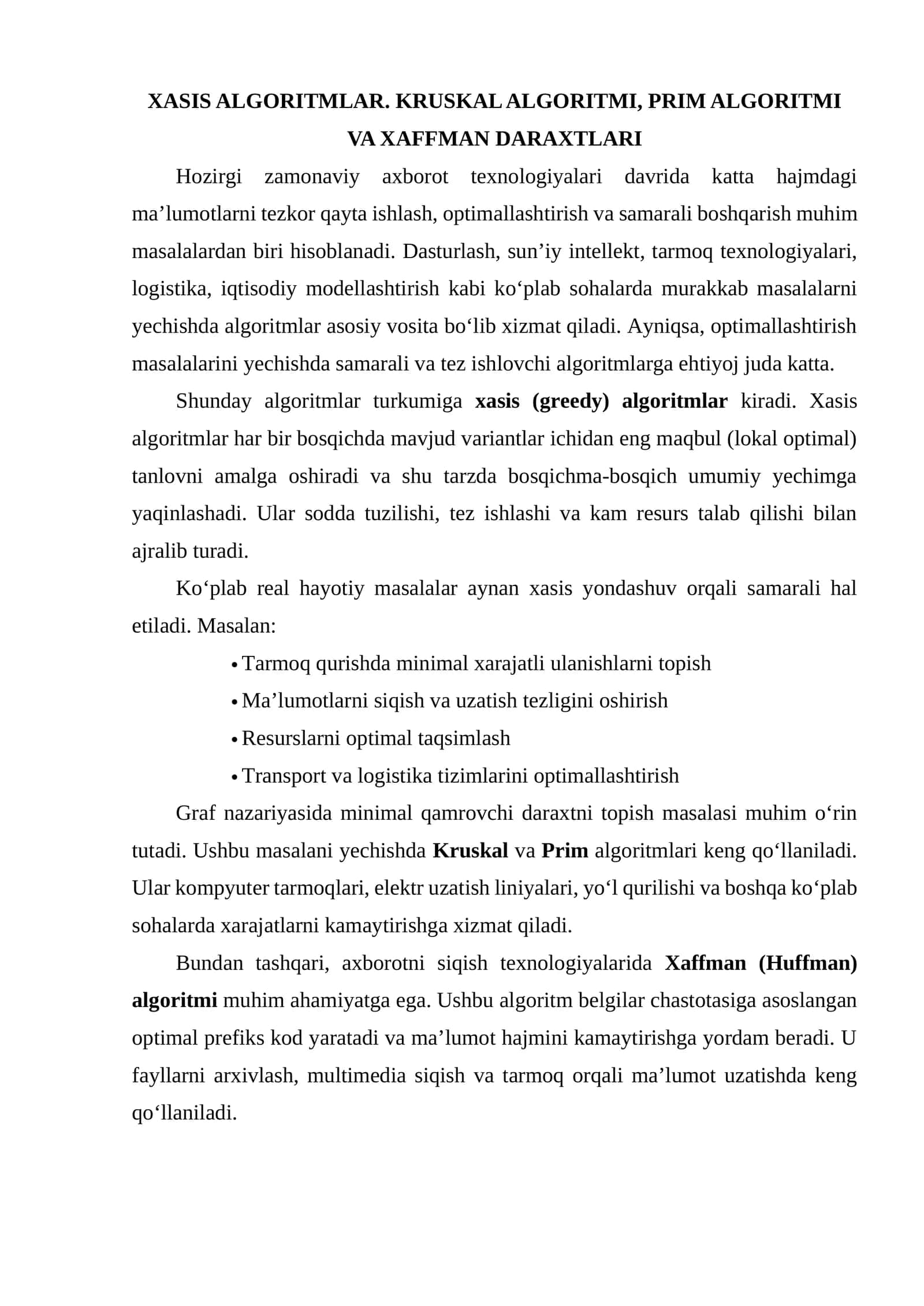 XASIS ALGORITMLAR. KRUSKAL ALGORITMI, PRIM ALGORITMI VA XAFFMAN DARAXTLARI 1