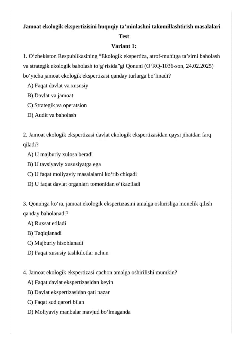 Jamoat ekologik ekspertizisini huquqiy ta’minlashni takomillashtirish masalalari 1
