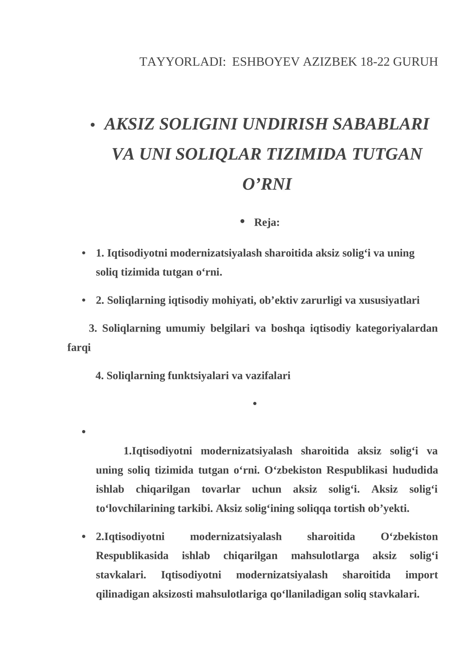 TAYYORLADI: ESHBOYEV AZIZBEK 18-22 GURUH 1