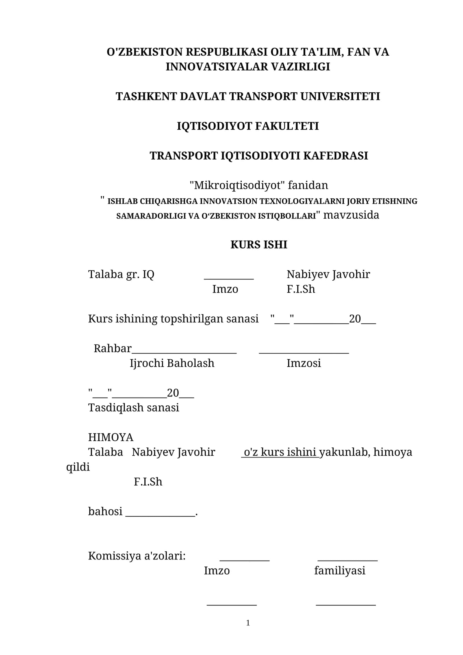" ISHLAB CHIQARISHGA INNOVATSION TEXNOLOGIYALARNI JORIY ETISHNING SAMARADORLIGI VA O‘ZBEKISTON ISTIQBOLLARI" mavzusi 1