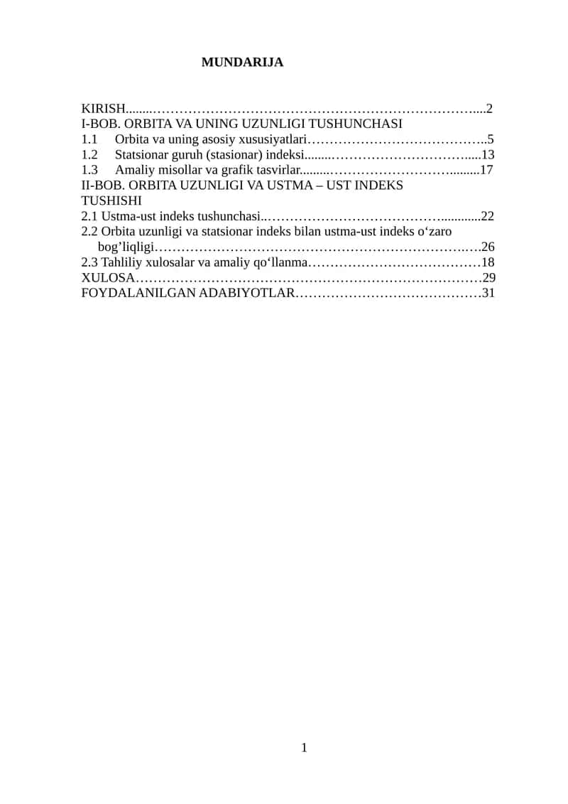 Orbita uzunligi va ustma-ust indeks 1
