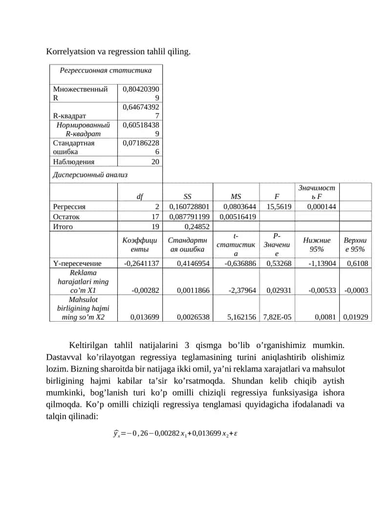 Korrelyatsion va regression tahlil qiling 1