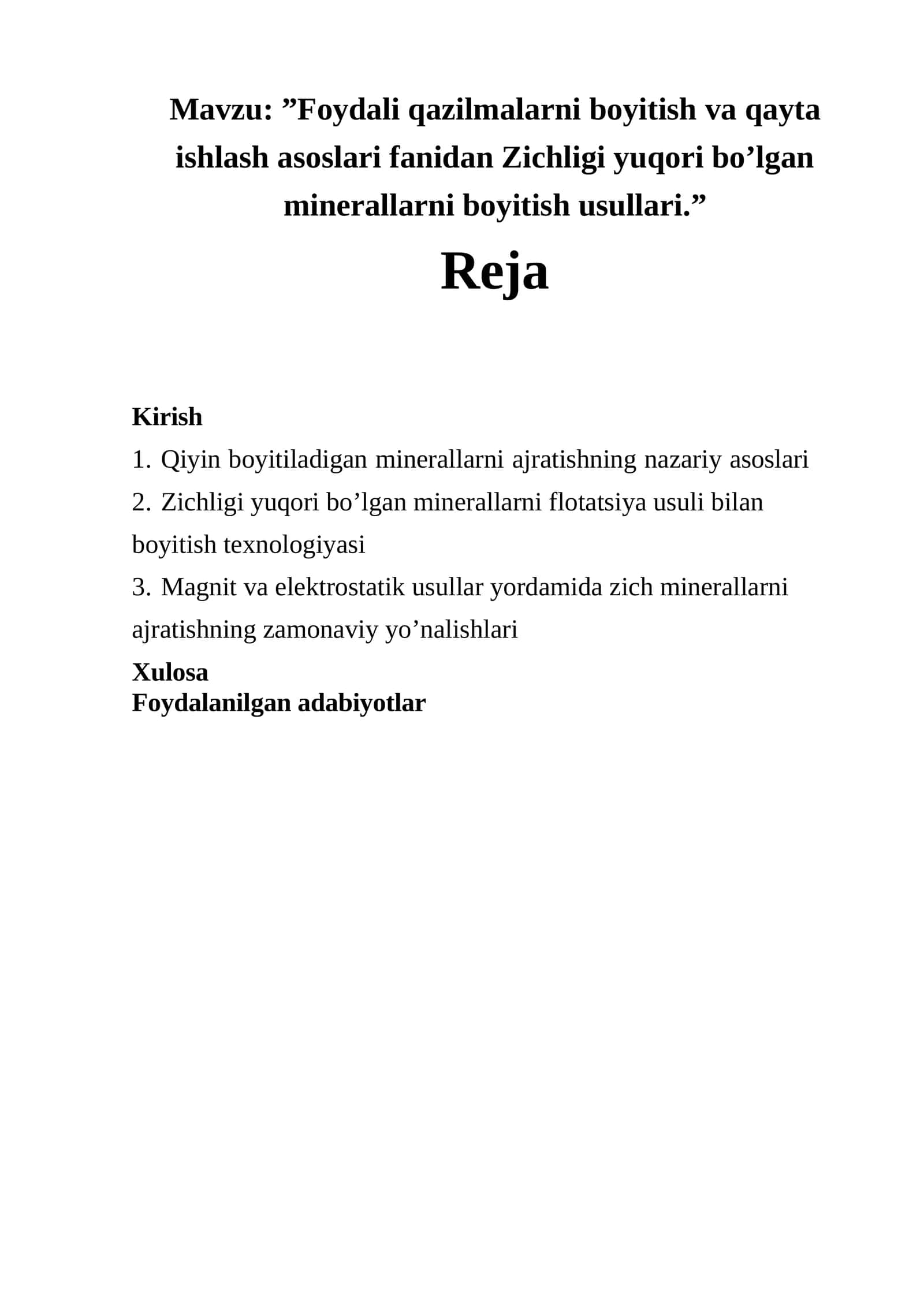Foydali qazilmalarni boyitish va qayta ishlash asoslari fanidan Zichligi yuqori bo’lgan minerallarni boyitish usullari 1