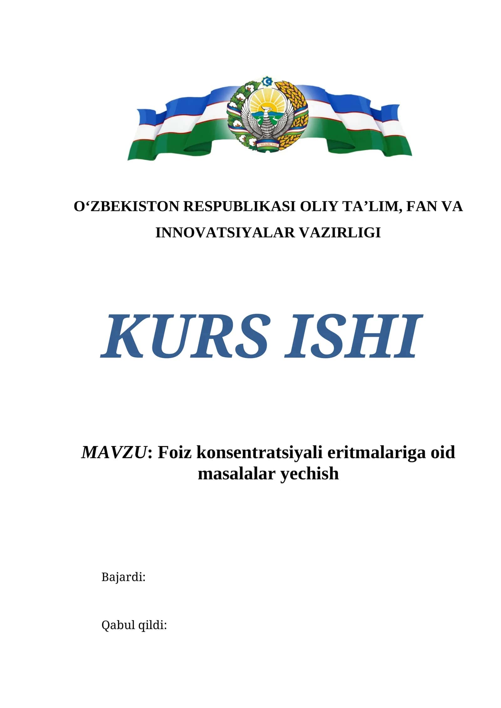 Foiz konsentratsiyali eritmalariga oid masalalar yechish 1