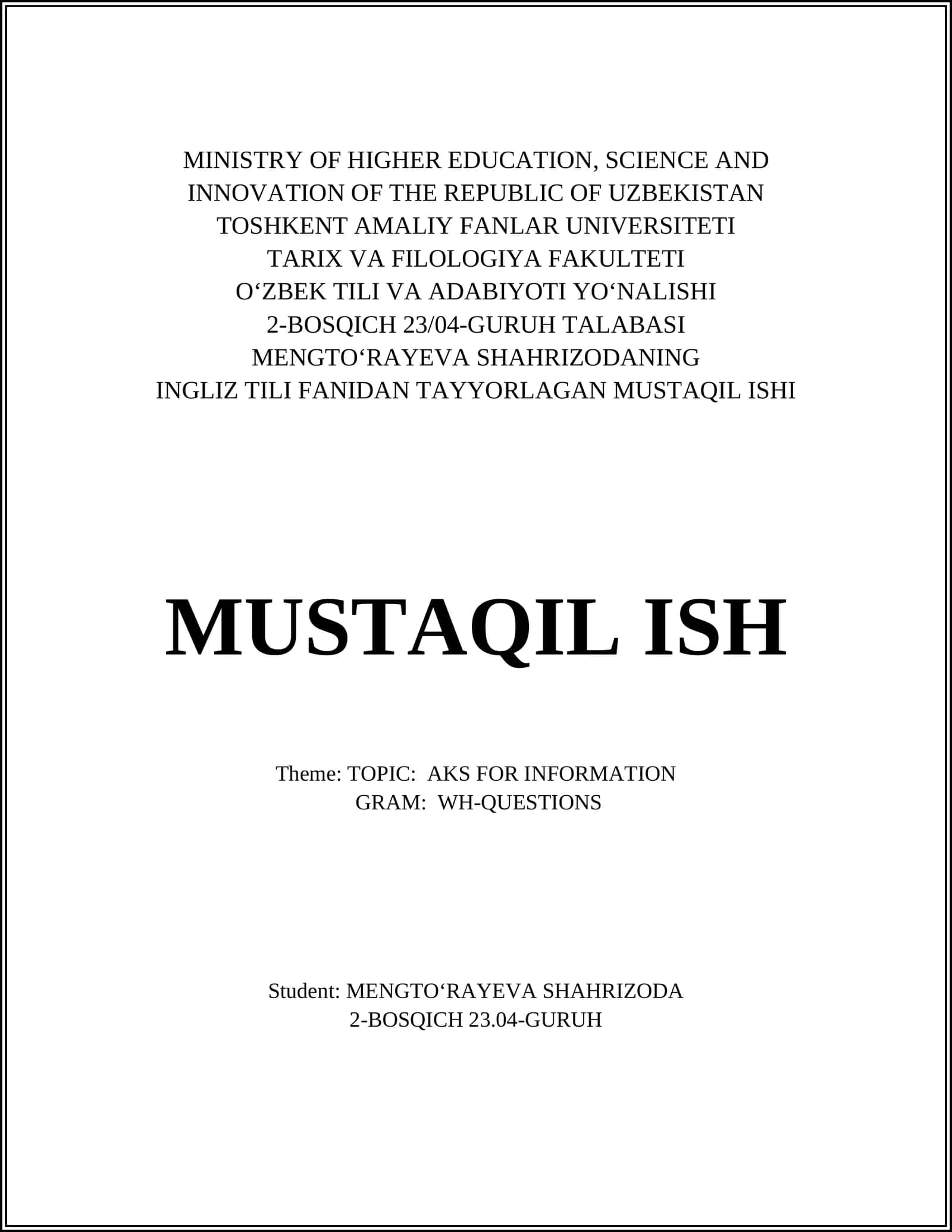 INGLIZ TILI FANIDAN TAYYORLAGAN MUSTAQIL ISHI 1
