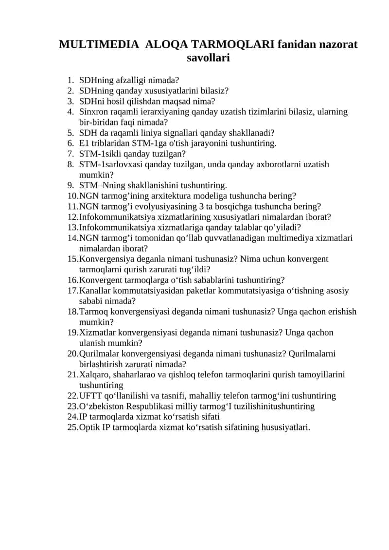 MULTIMEDIA ALOQA TARMOQLARI fanidan nazorat savollari 1