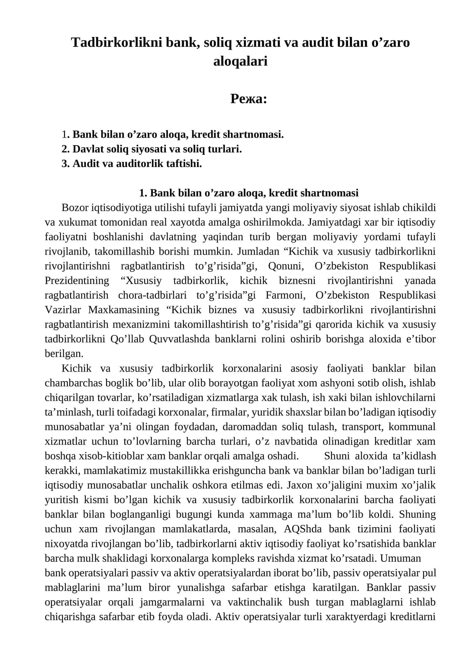 Tadbirkorlikni bank, soliq xizmati va audit bilan o’zaro aloqalari 1