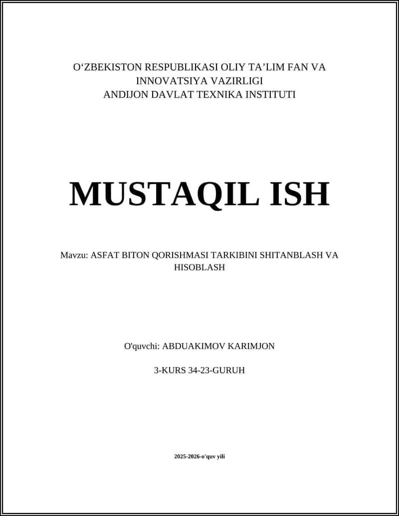 ASFAT BITON QORISHMASI TARKIBINI SHITANBLASH VA HISOBLASH 1