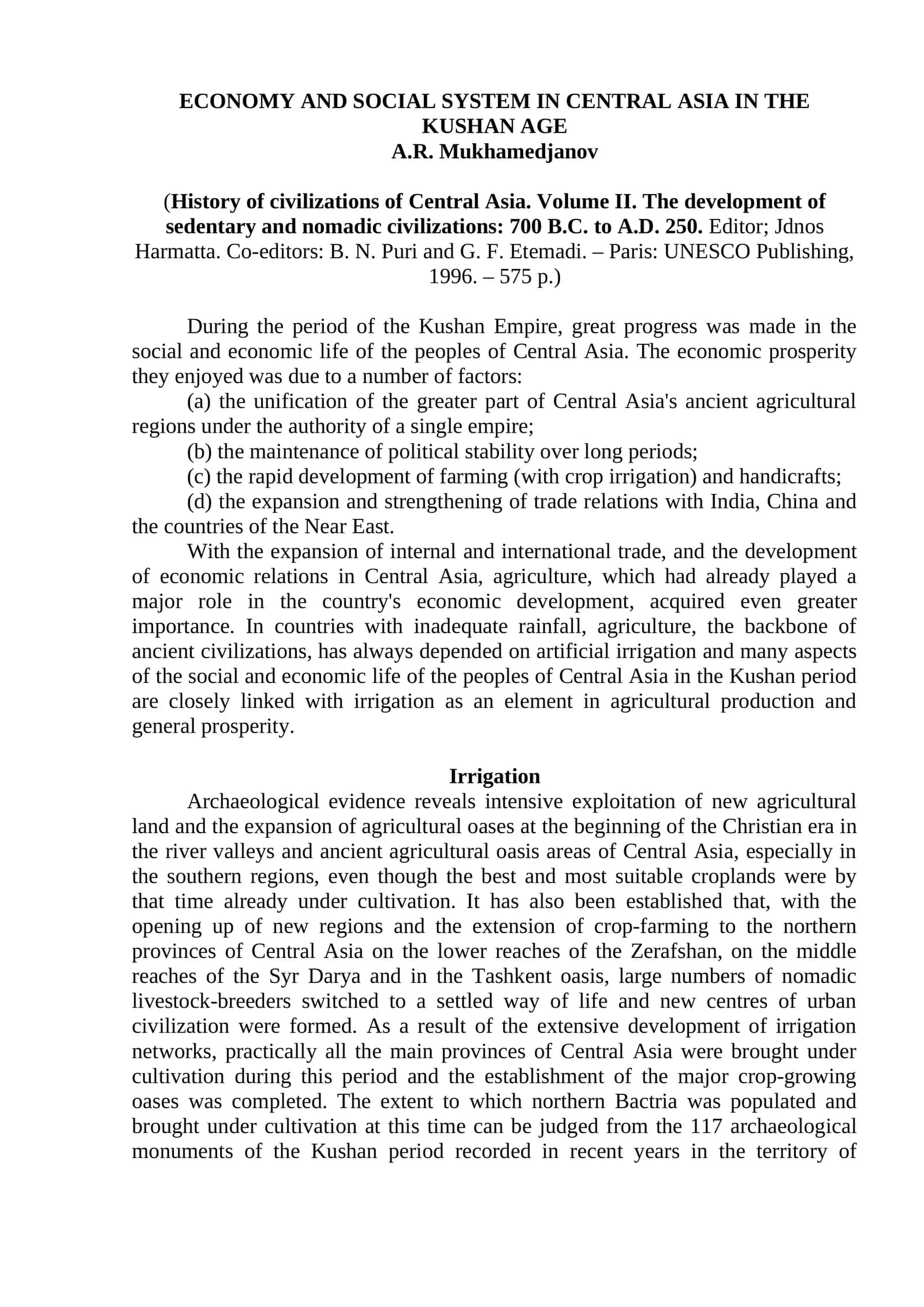 ECONOMY AND SOCIAL SYSTEM IN CENTRAL ASIA IN THE KUSHAN AGE 1