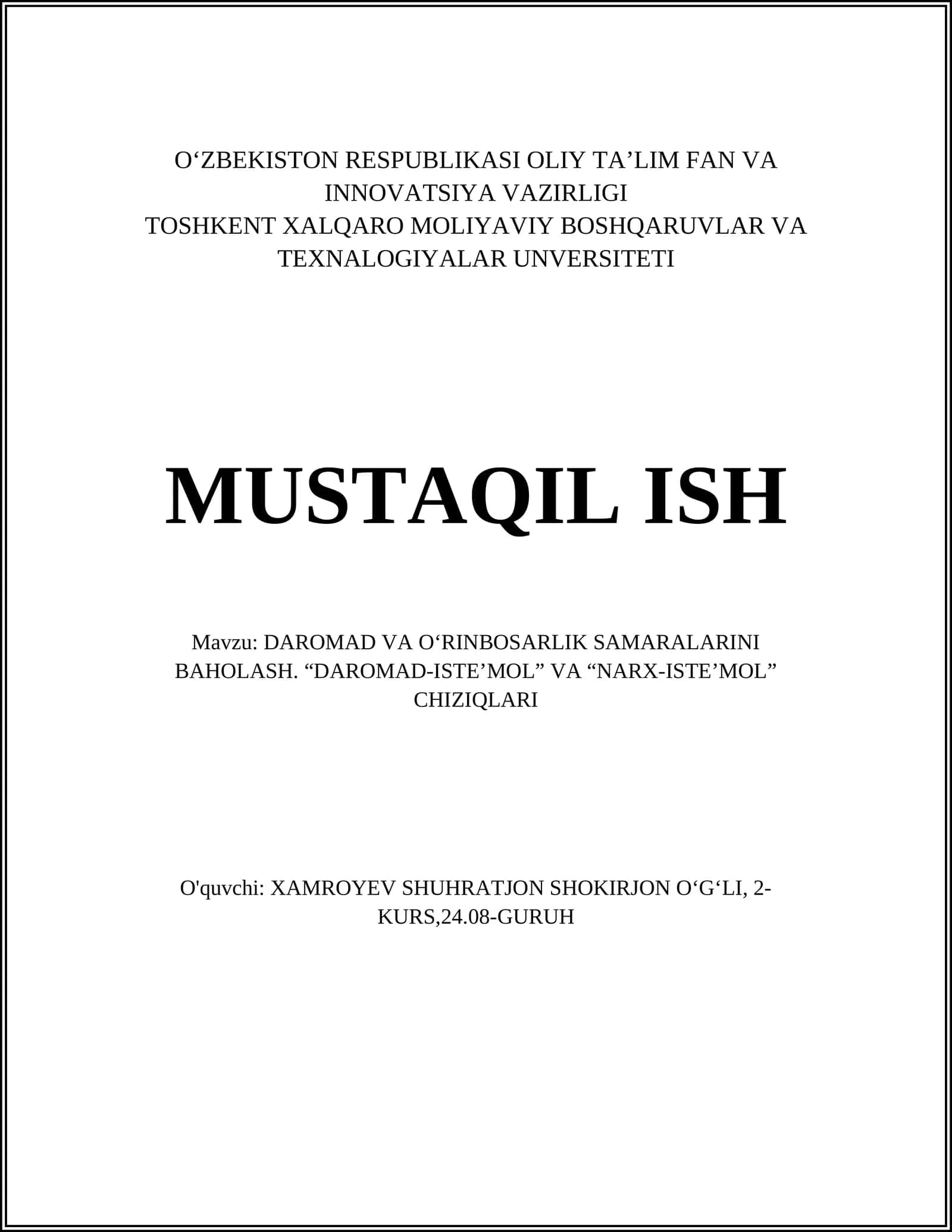 DAROMAD VA O'RINBOSARLIK SAMARALARINI BAHOLASH 1