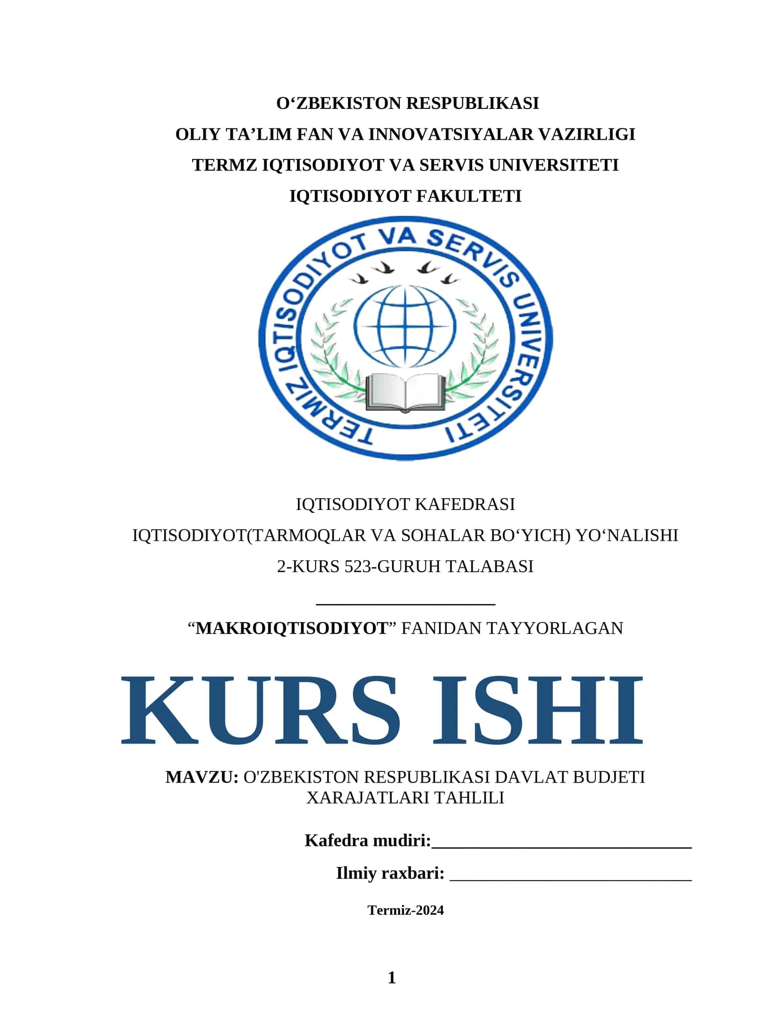O‘ZBEKISTON RESPUBLIKASI DAVLAT BUDJETI XARAJATLARI TAHLILI 1