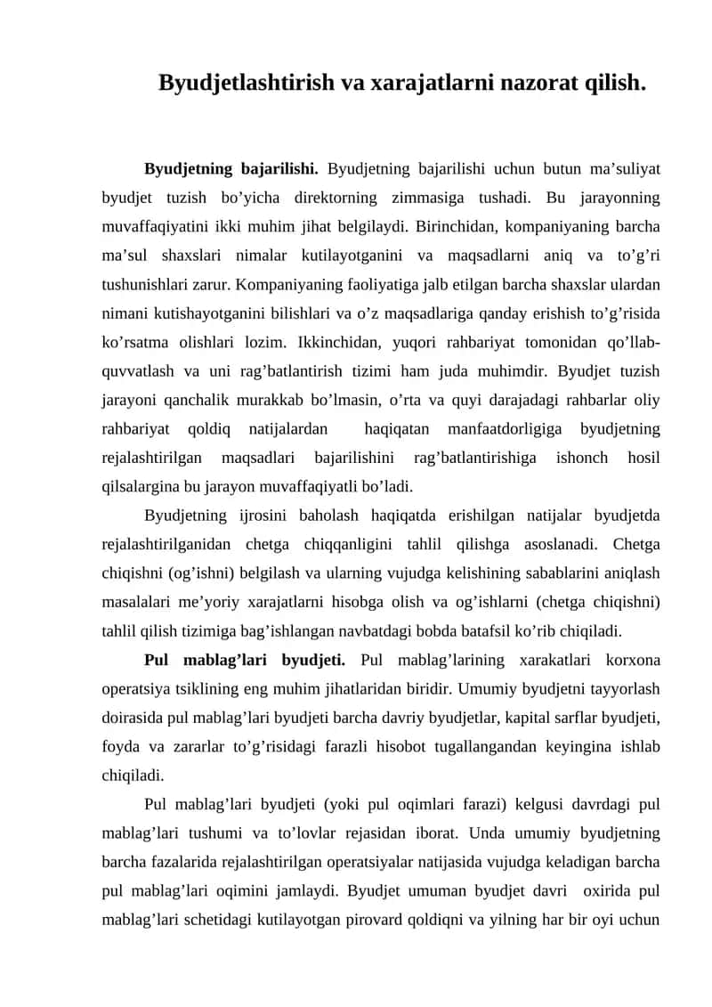 Byudjetlashtirish va xarajatlarni nazorat qilish. 1