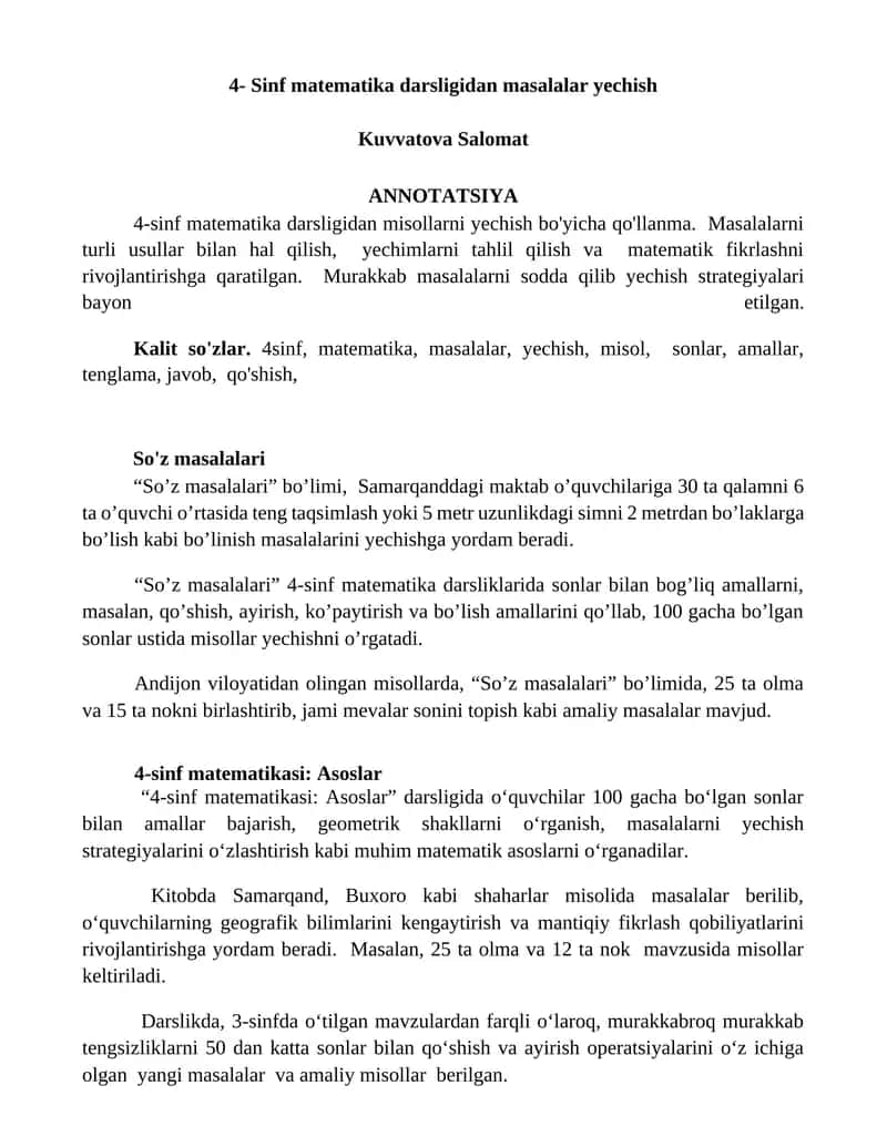 4-Sinf Matematika Misollari Yechish 1