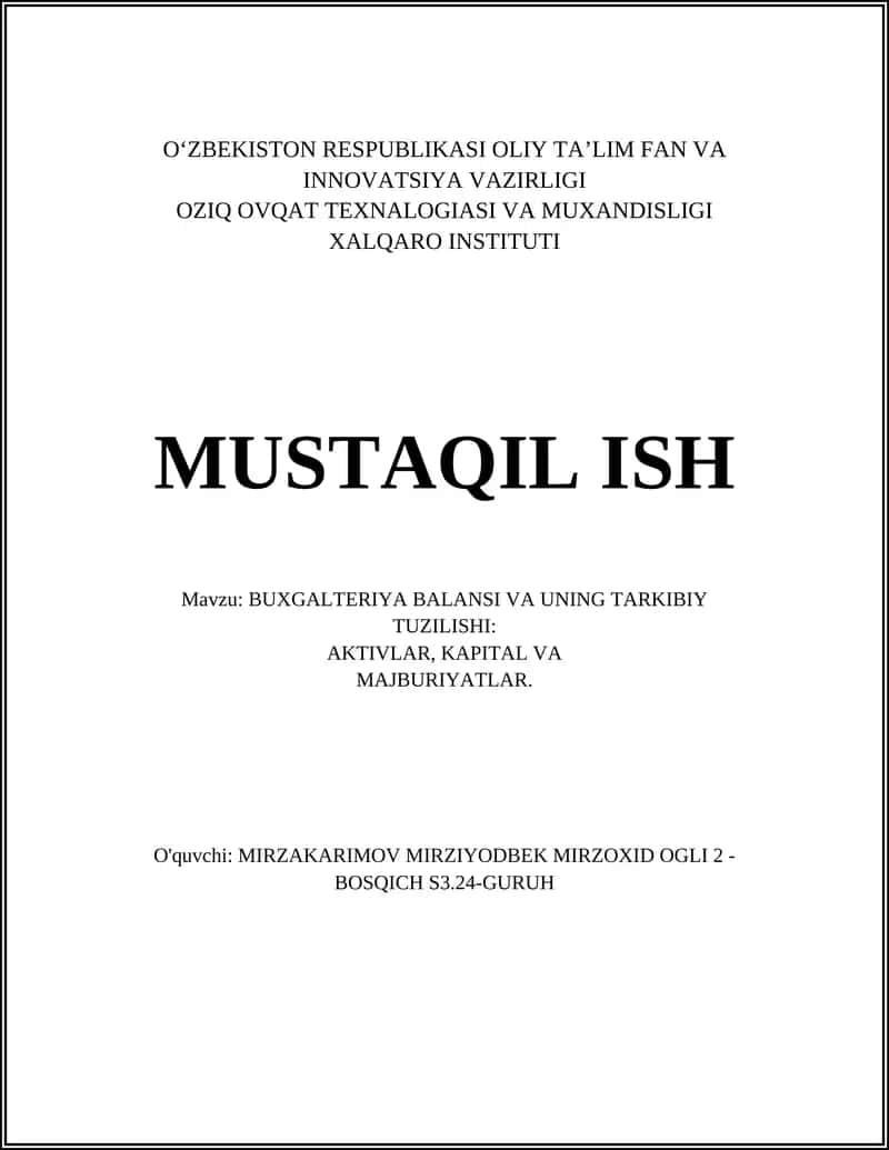 BUXGALTERIYA BALANSI VA UNING TARKIBIY TUZILISHI 1