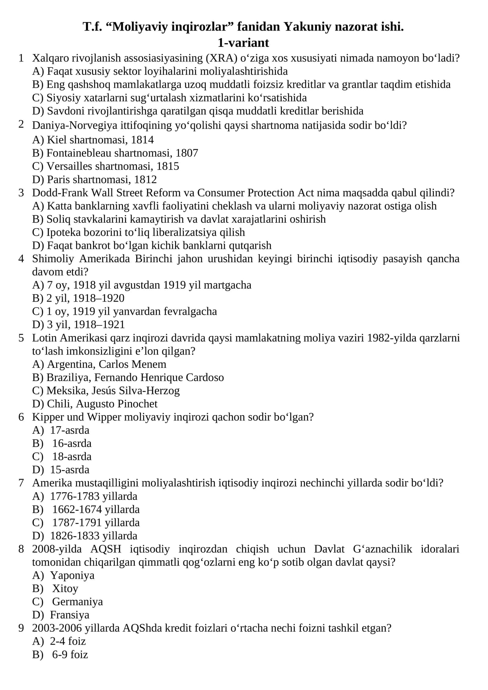 T.f. “Moliyaviy inqirozlar” fanidan Yakuniy nazorat ishi 1
