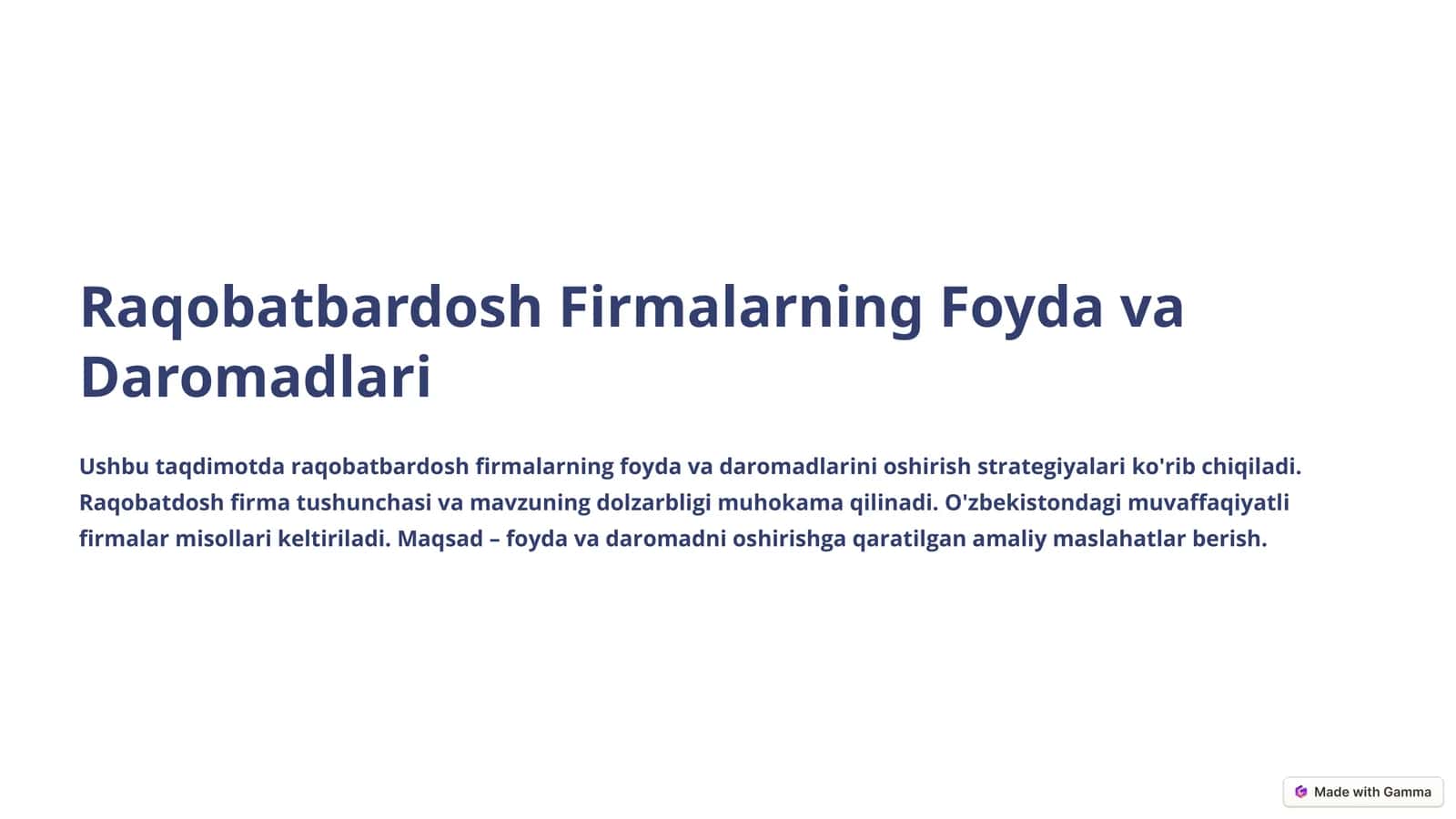 Raqobatbardosh Firmalarning Foyda va Daromadlari 1