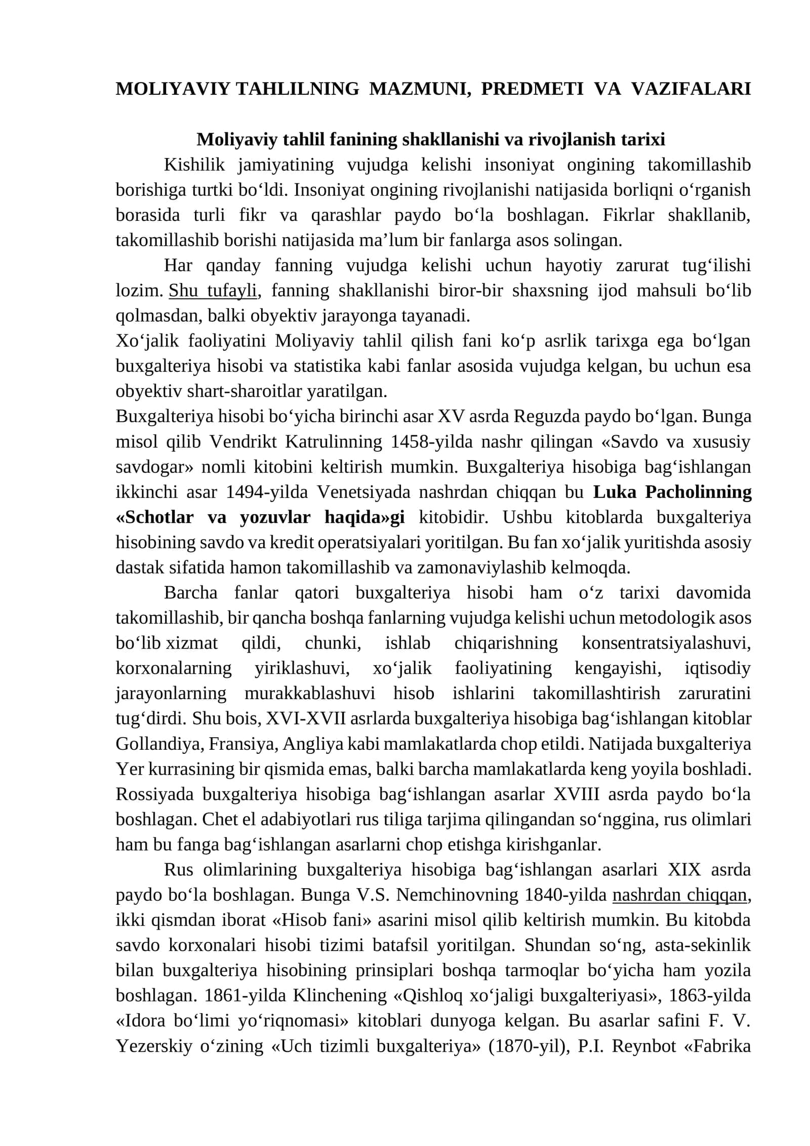 MOLIYAVIY TAHLILNING MAZMUNI, PREDMETI VA VAZIFALARI 1