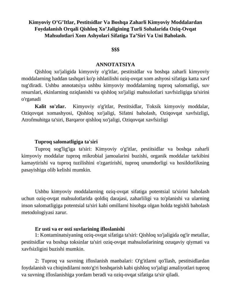 Kimyoviy O’G’Itlar, Pestitsidlar Va Boshqa Zaharli Kimyoviy Moddalardan Foydalanish Orqali Qishloq Xo’Jaligining Turli Sohalarida Оziq-Оvqat Mahsulotlari Xom Ashyolari Sifatiga Ta’Siri Va Uni Baholash 1