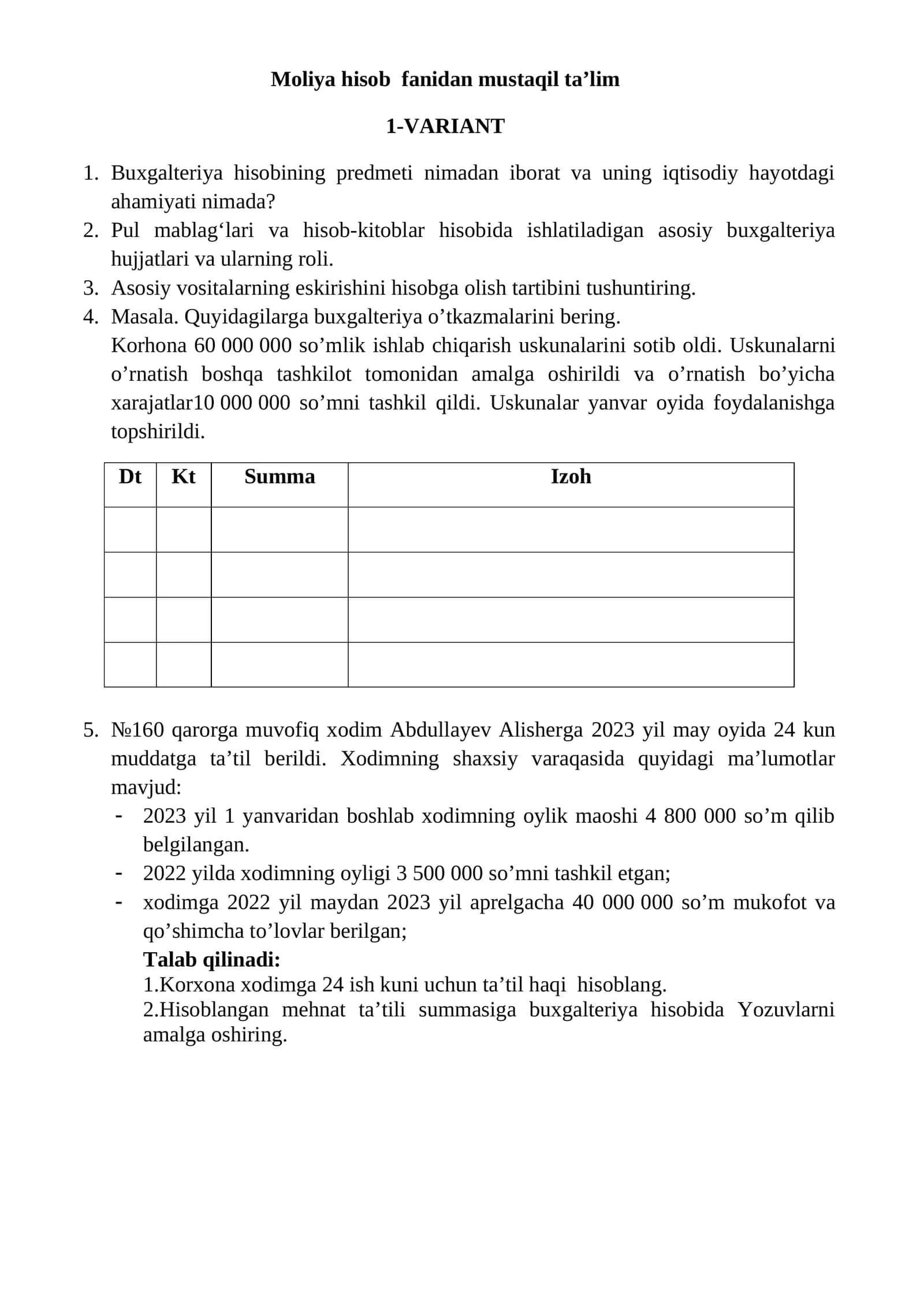 Moliya hisob fanidan mustaqil ta’lim 1