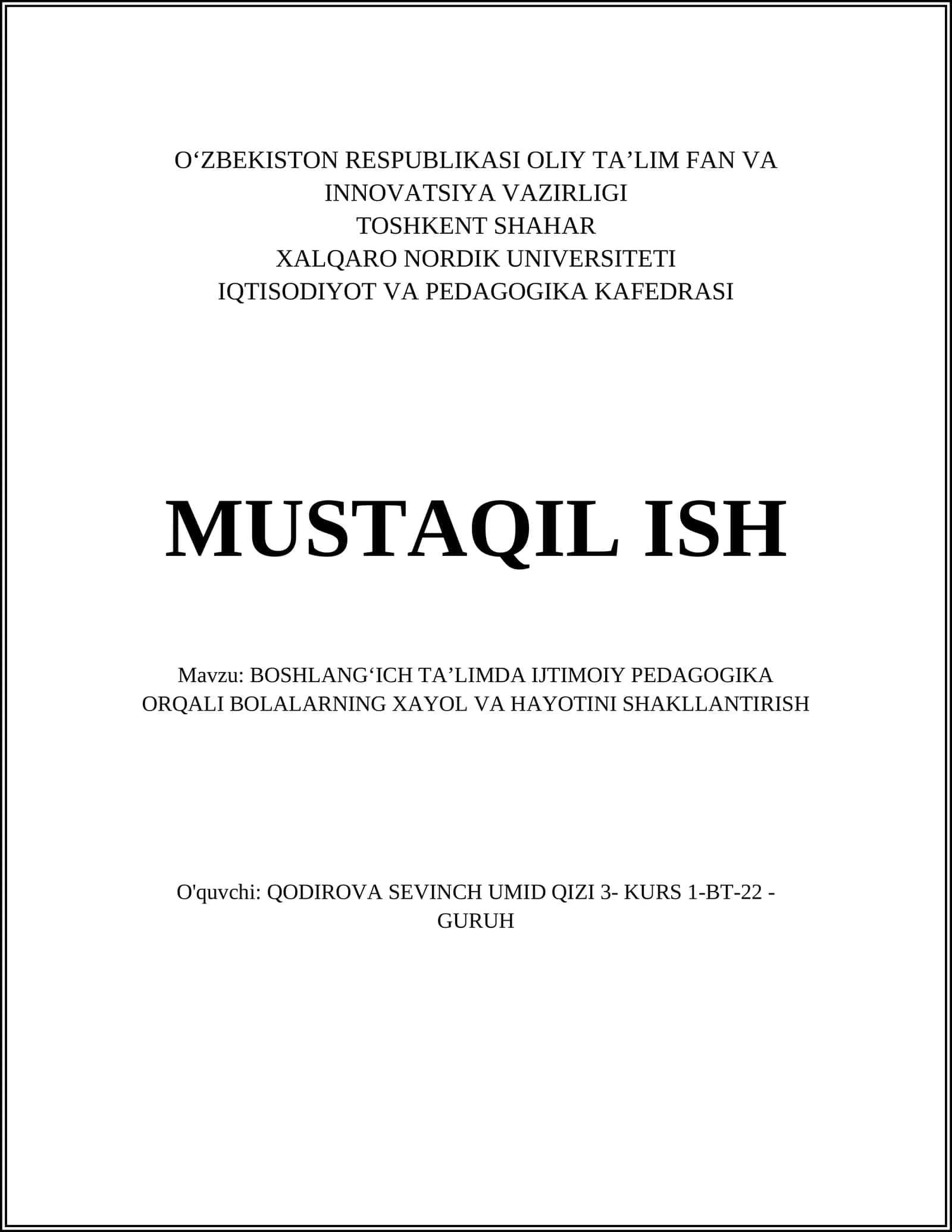 BOSHLANGʻICH TA’LIMDA IJTIMOIY PEDAGOGIKA 1