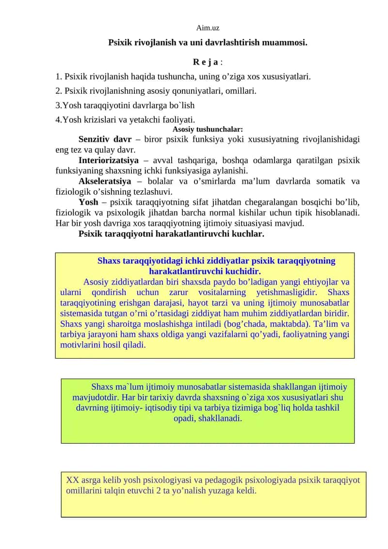 Psixik rivojlanish va uni davrlashtirish muammosi 1