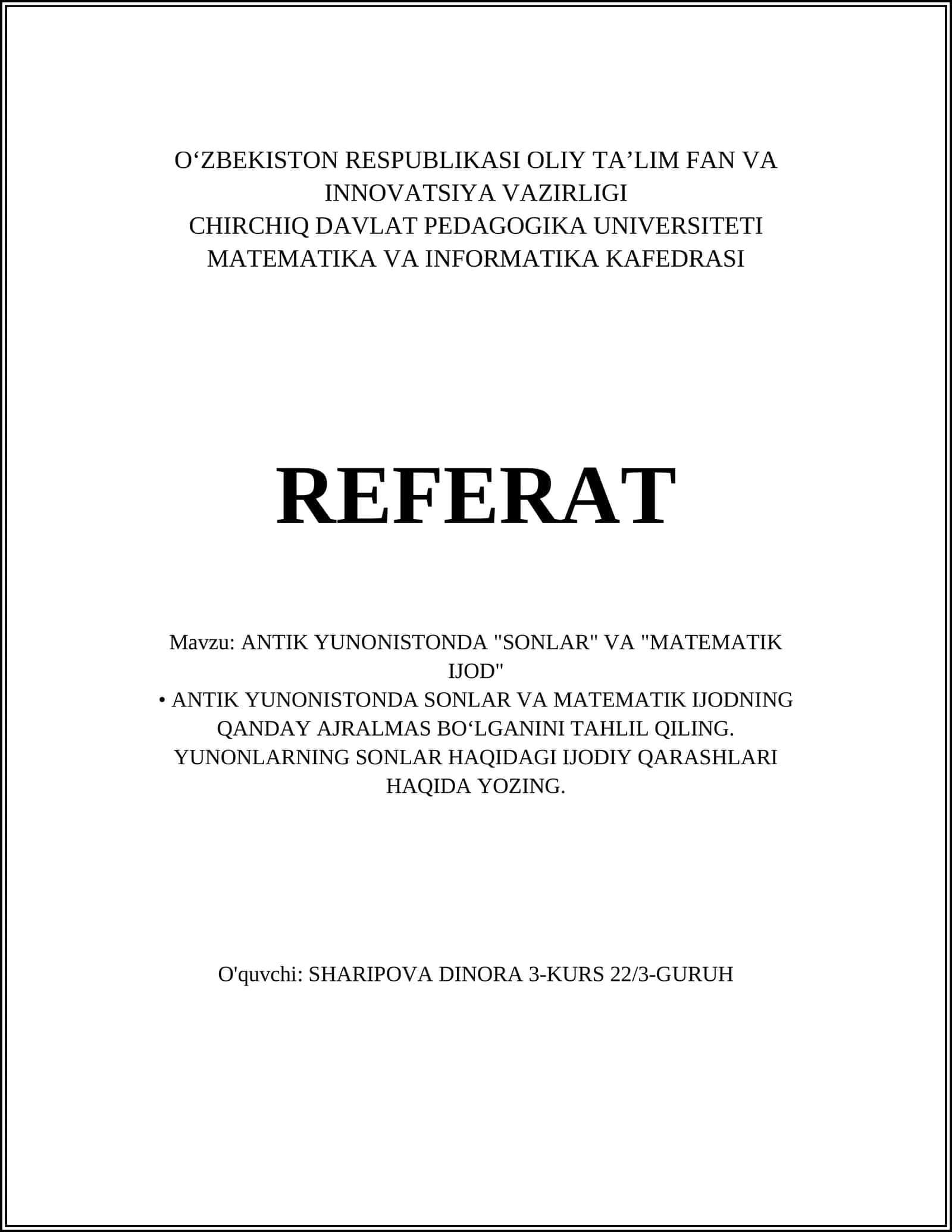 ANTIK YUNONISTONDA "SONLAR" VA "MATEMATIK IJOD" 1