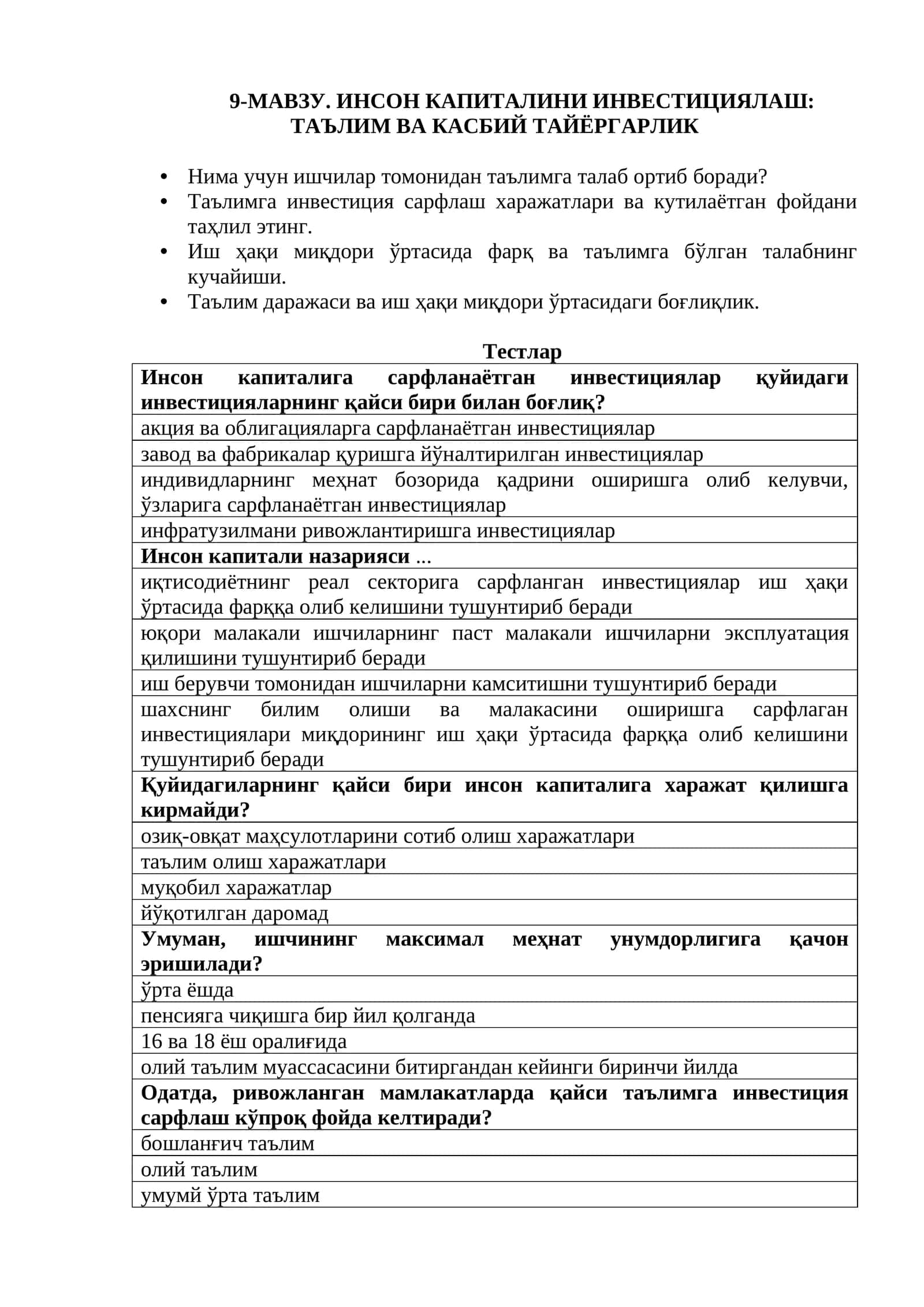 Инсон капиталинини инвестициялаш: таълим ва касбий тайёргарлик 1