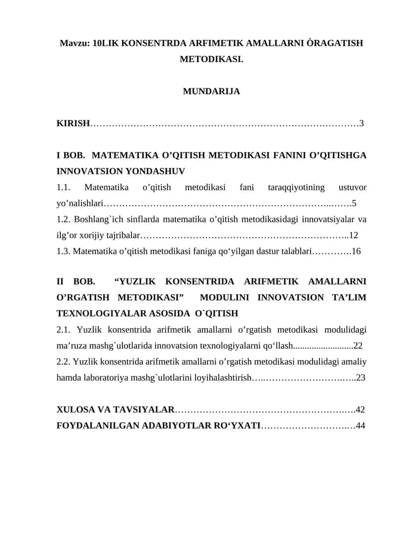 YUZLIK KONSENTRIDA ARIFMETIK AMALLARNI ÒRAGATISH METODIKASI 1