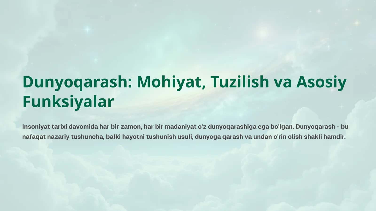 Dunyoqarash: Mohiyat, Tuzilish va Asosiy Funksiyalar mavzusida tayyor taqdimot 1