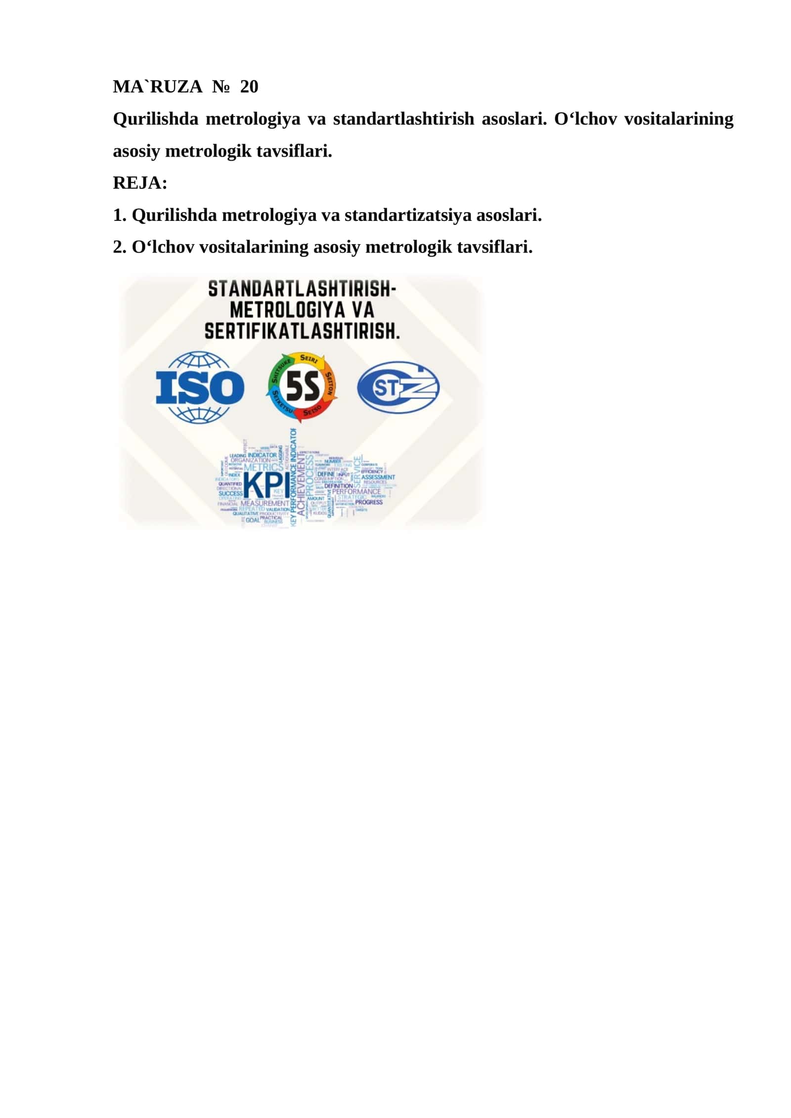 Qurilishda metrologiya va standartlashtirish asoslari. O‘lchov vositalarining asosiy metrologik tavsiflari 1