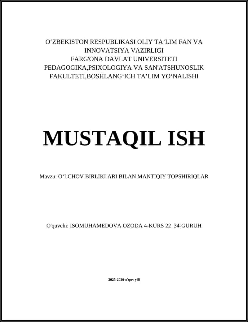OʻLCHOV BIRLIKLARI BILAN MANTIQIY TOPSHIRIQLAR 1