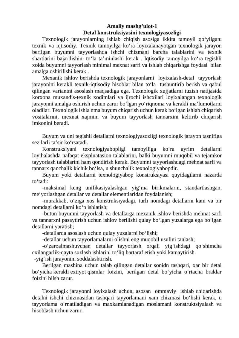 Detal konstruksiyasini texnologiyasozligi 1