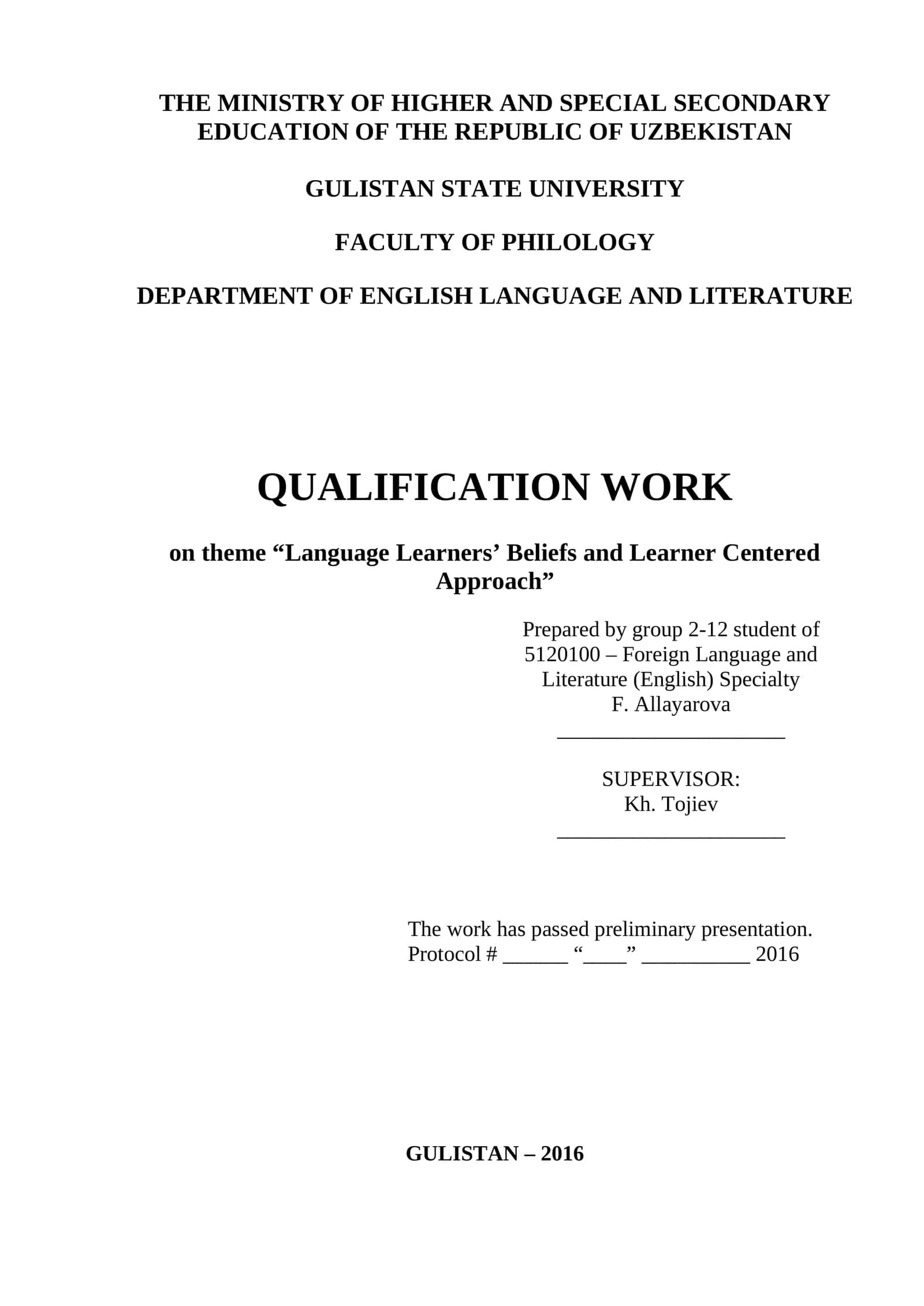 QUALIFICATION WORK on theme “Language Learners’ Beliefs and Learner Centered Approach” 1