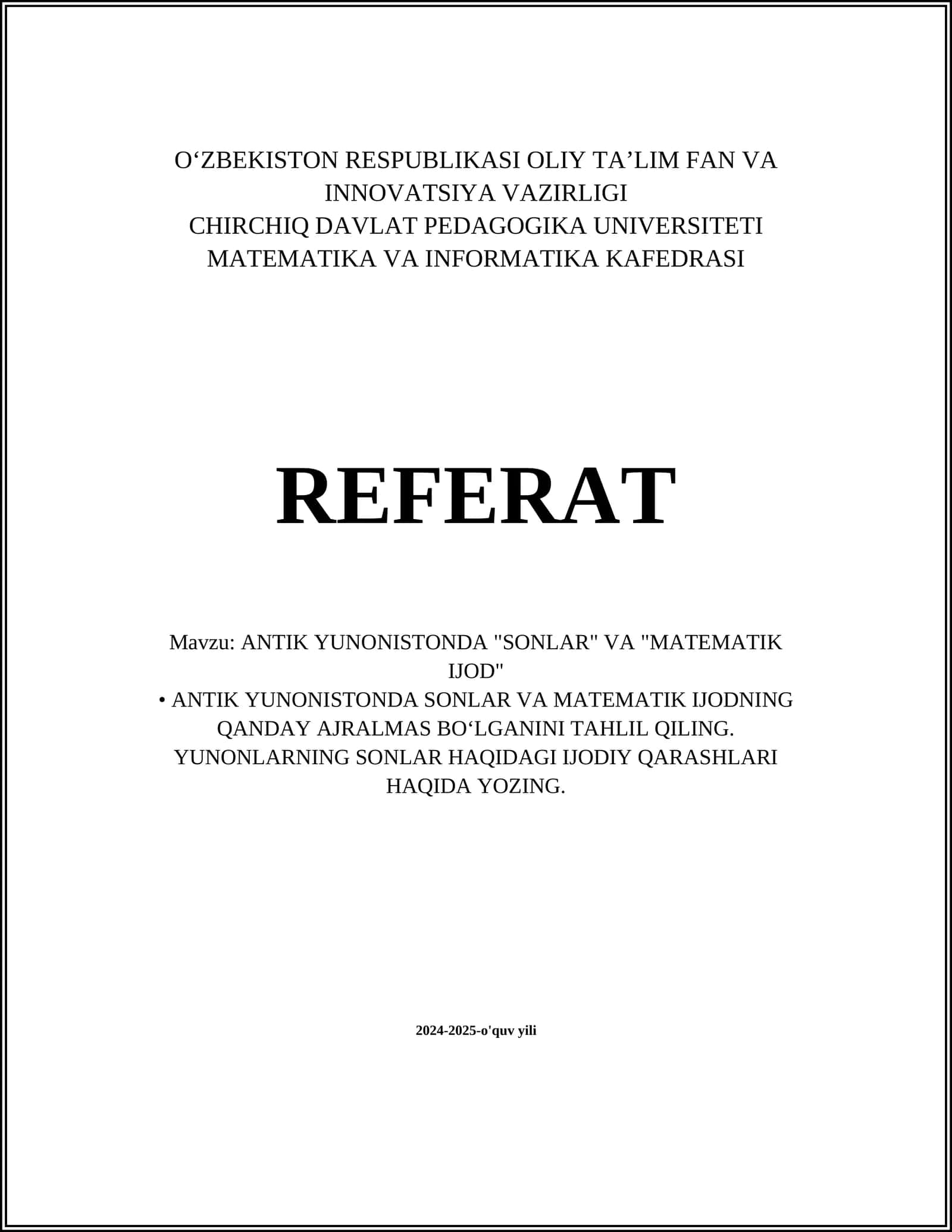 ANTIK YUNONISTONDA "SONLAR" VA "MATEMATIK IJOD" 1