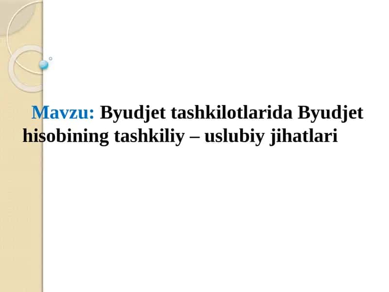 Byudjet tashkilotlarida Byudjet hisobining tashkiliy-uslubiy jihatlari 1