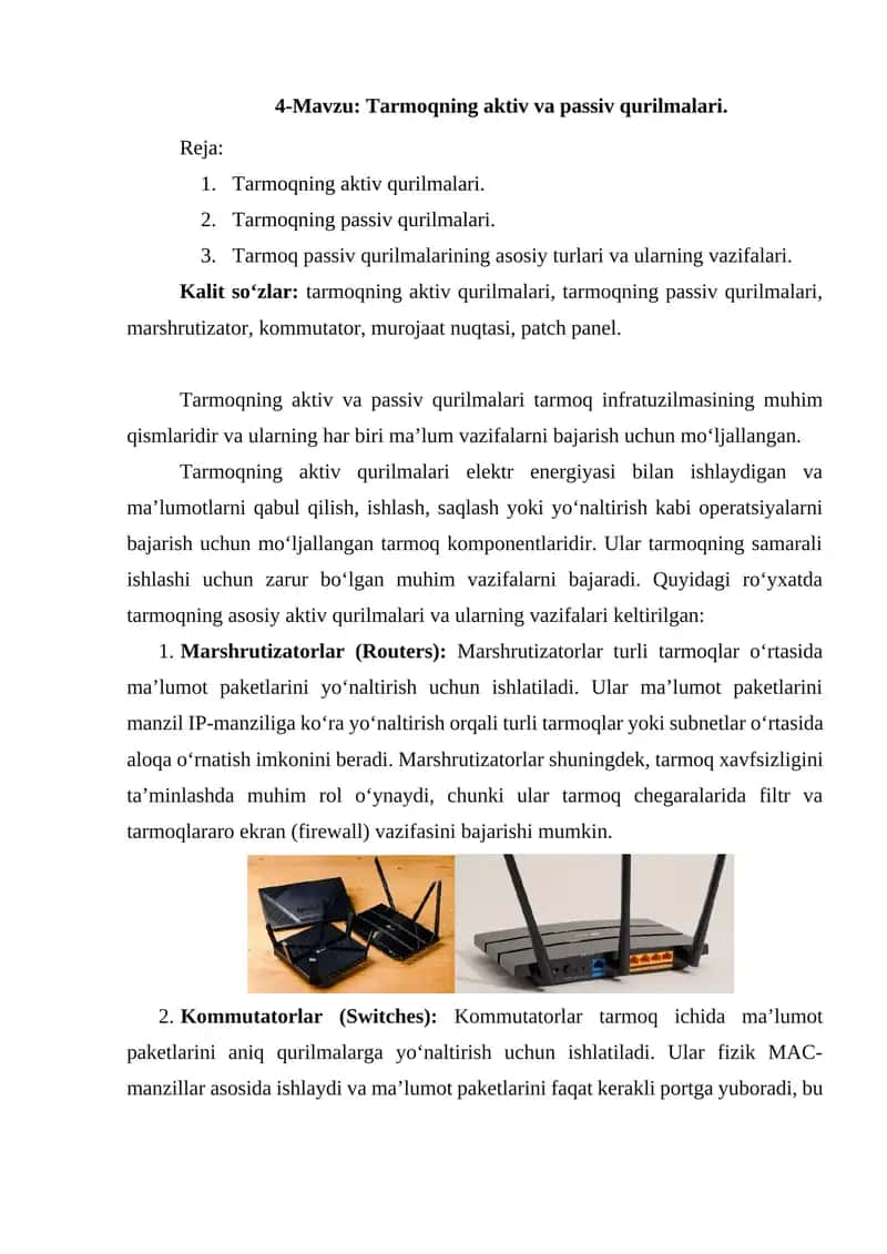 Tarmoqning aktiv va passiv qurilmalari 1