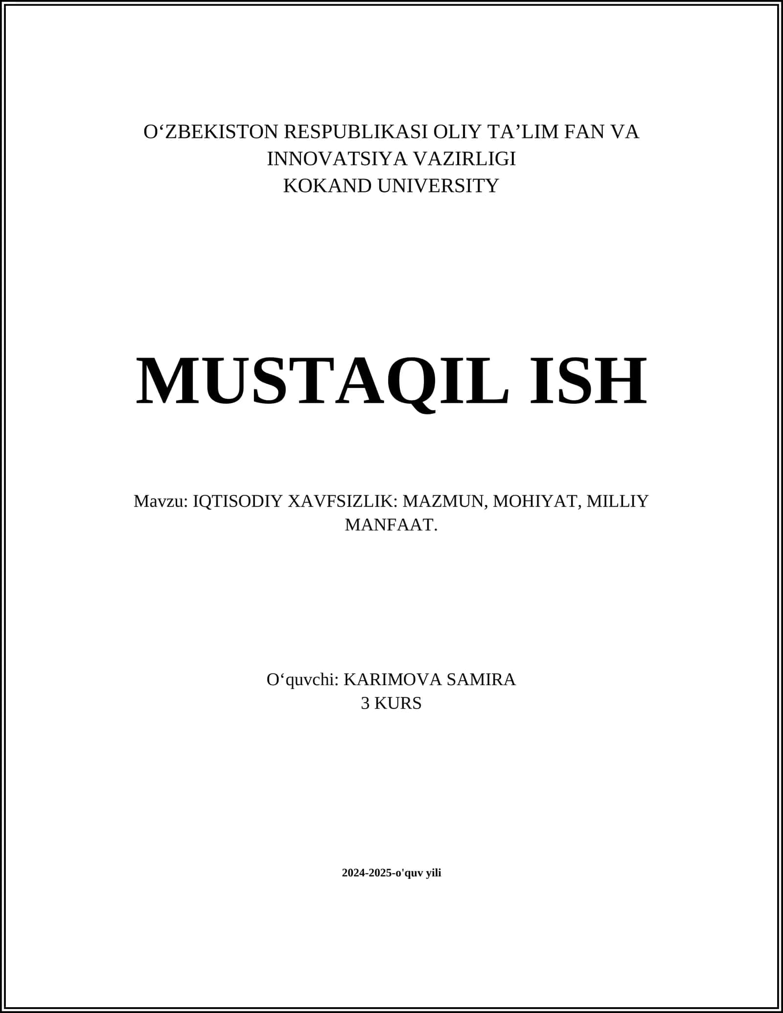 IQTISODIY XAVFSIZLIK: MAZMUN, MOHIYAT, MILLIY MANFAAT 1