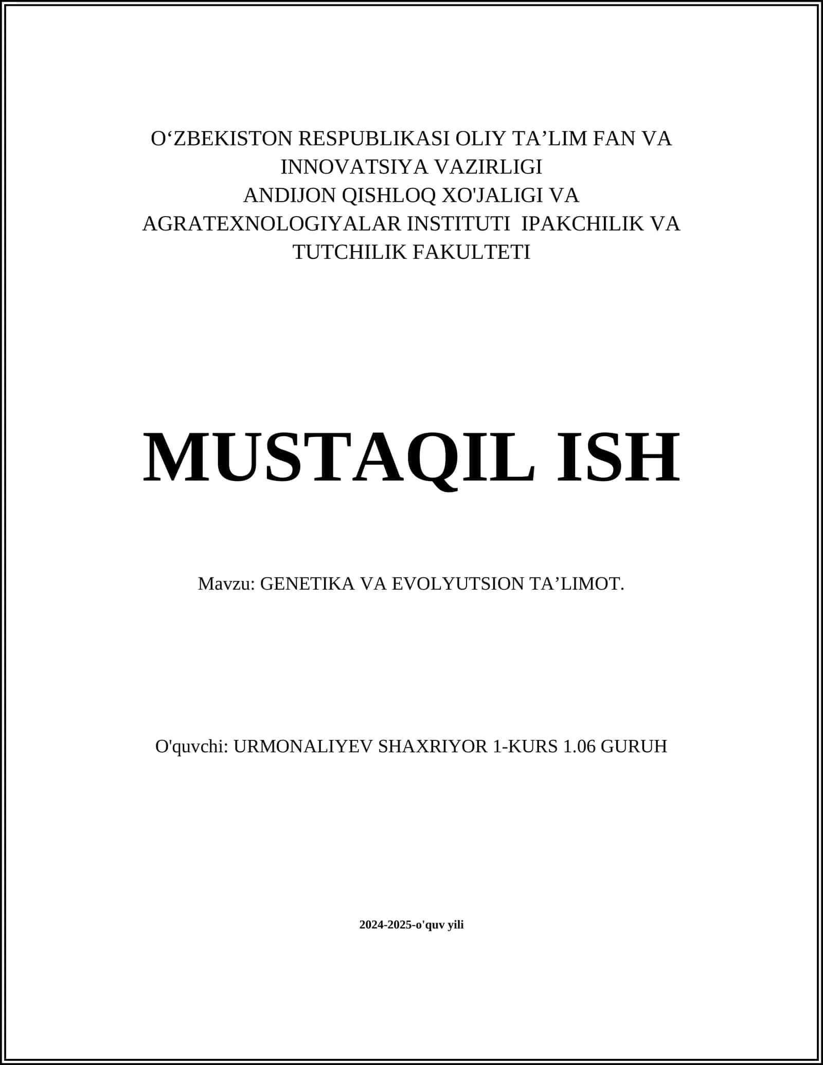GENETIKA VA EVOLYUTSION TA’LIMOT 1