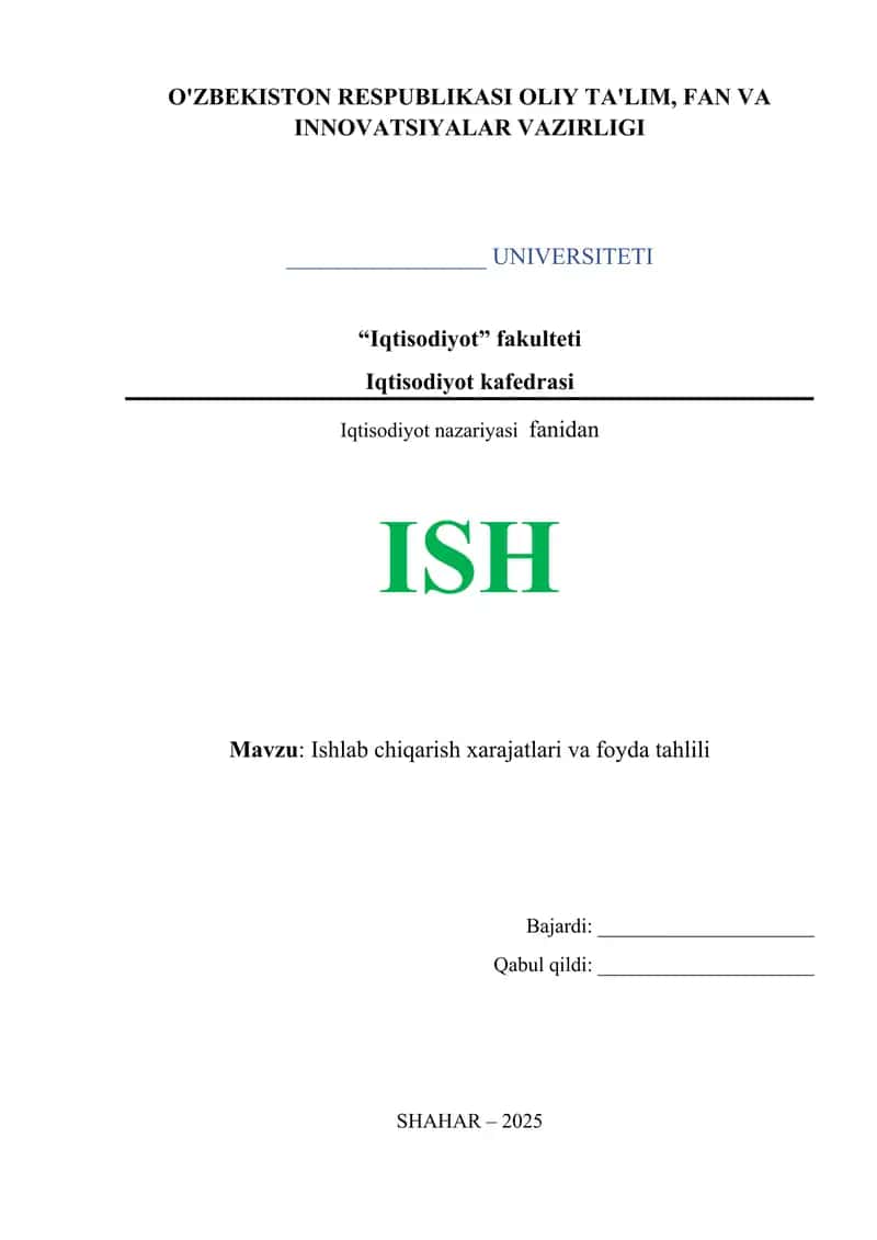 Ishlab chiqarish xarajatlari va foyda tahlili 1