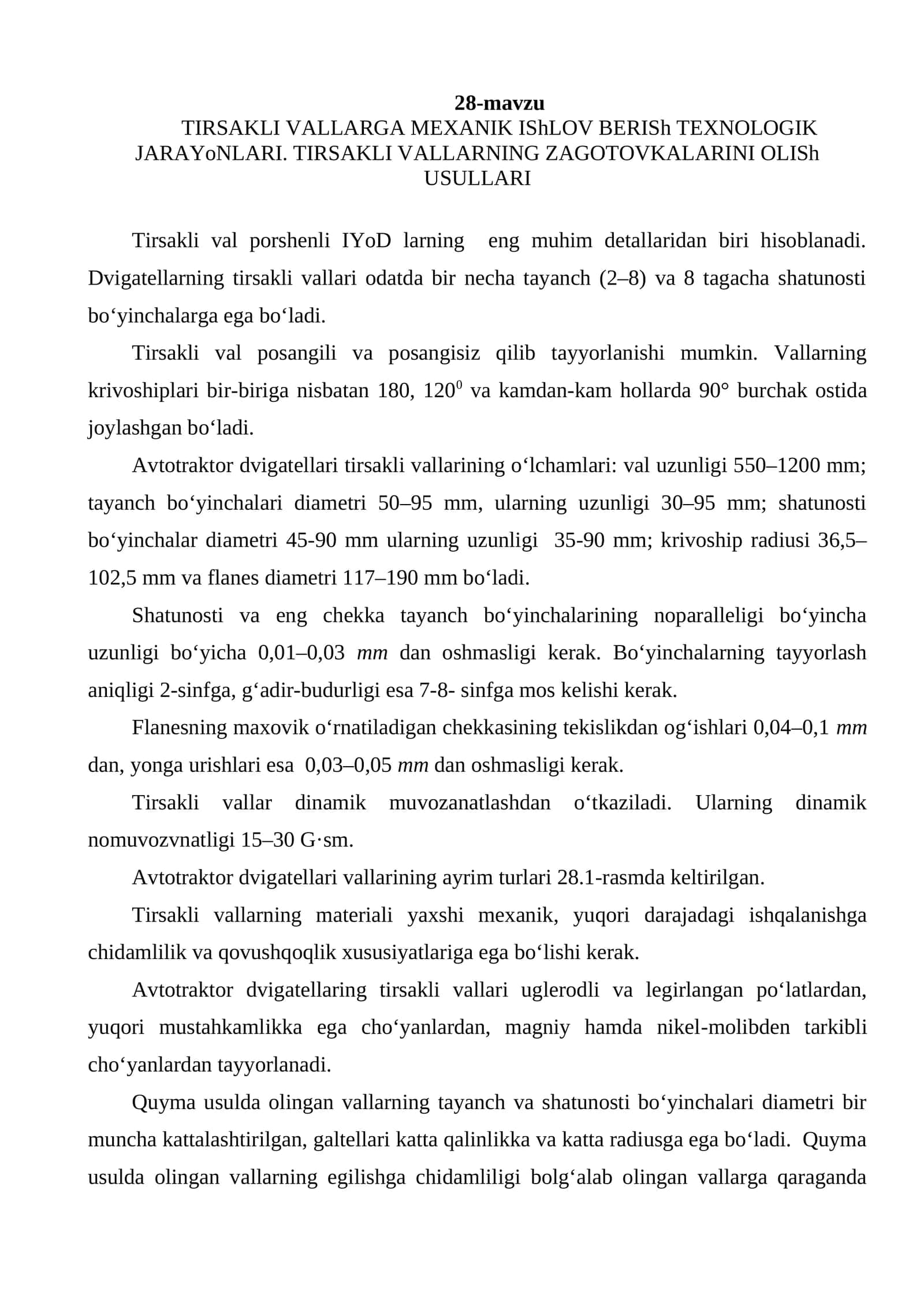 TIRSAKLI VALLARGA MEXANIK IShLOV BERISh TEXNOLOGIK JARAYoNLARI 1
