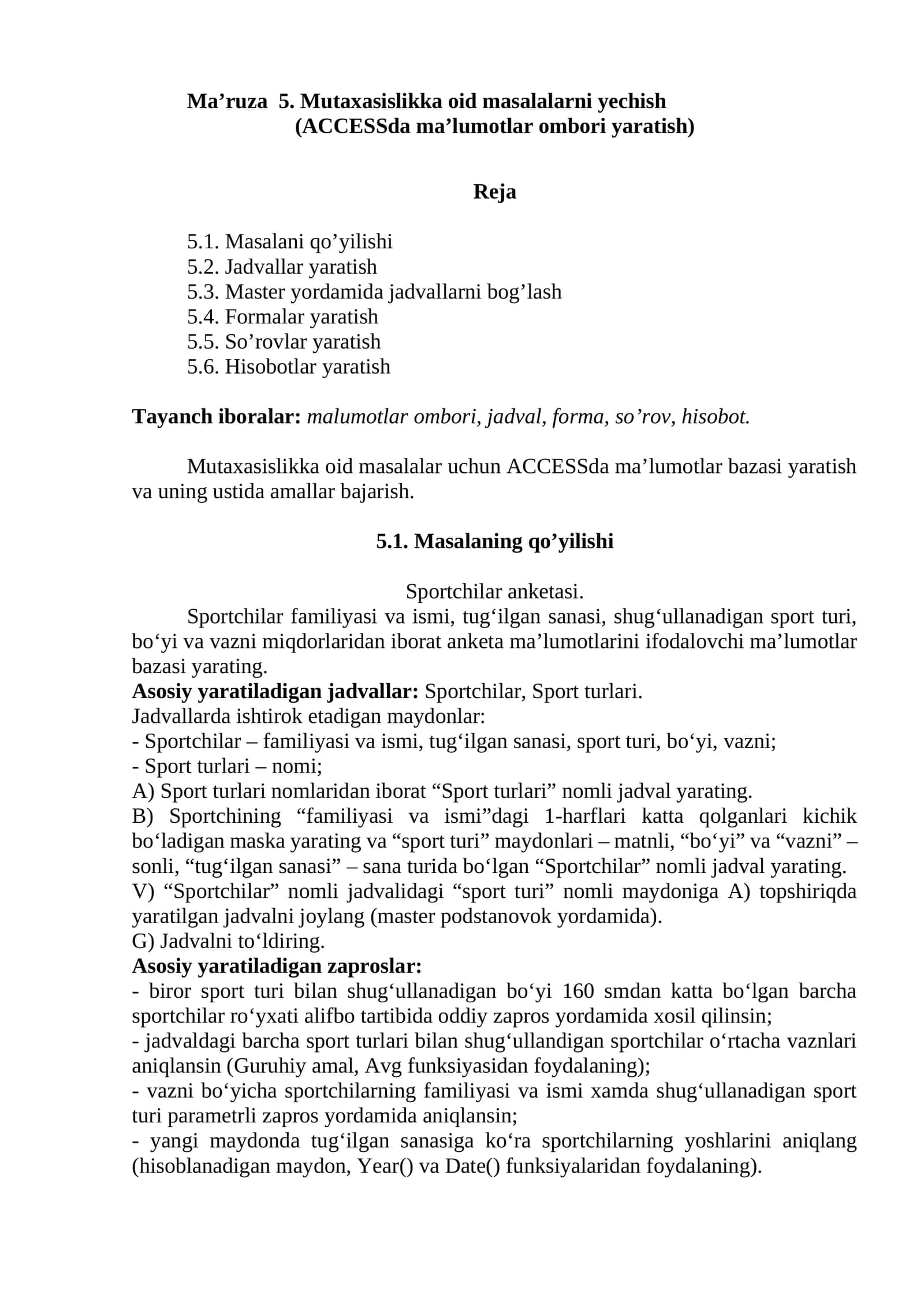 Ma’ruza 5. Mutaxasislikka oid masalalarni yechish 1