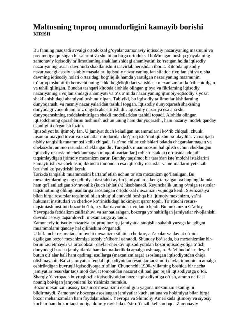 Maltusning tuproq unumdorligini kamayib borishi 1