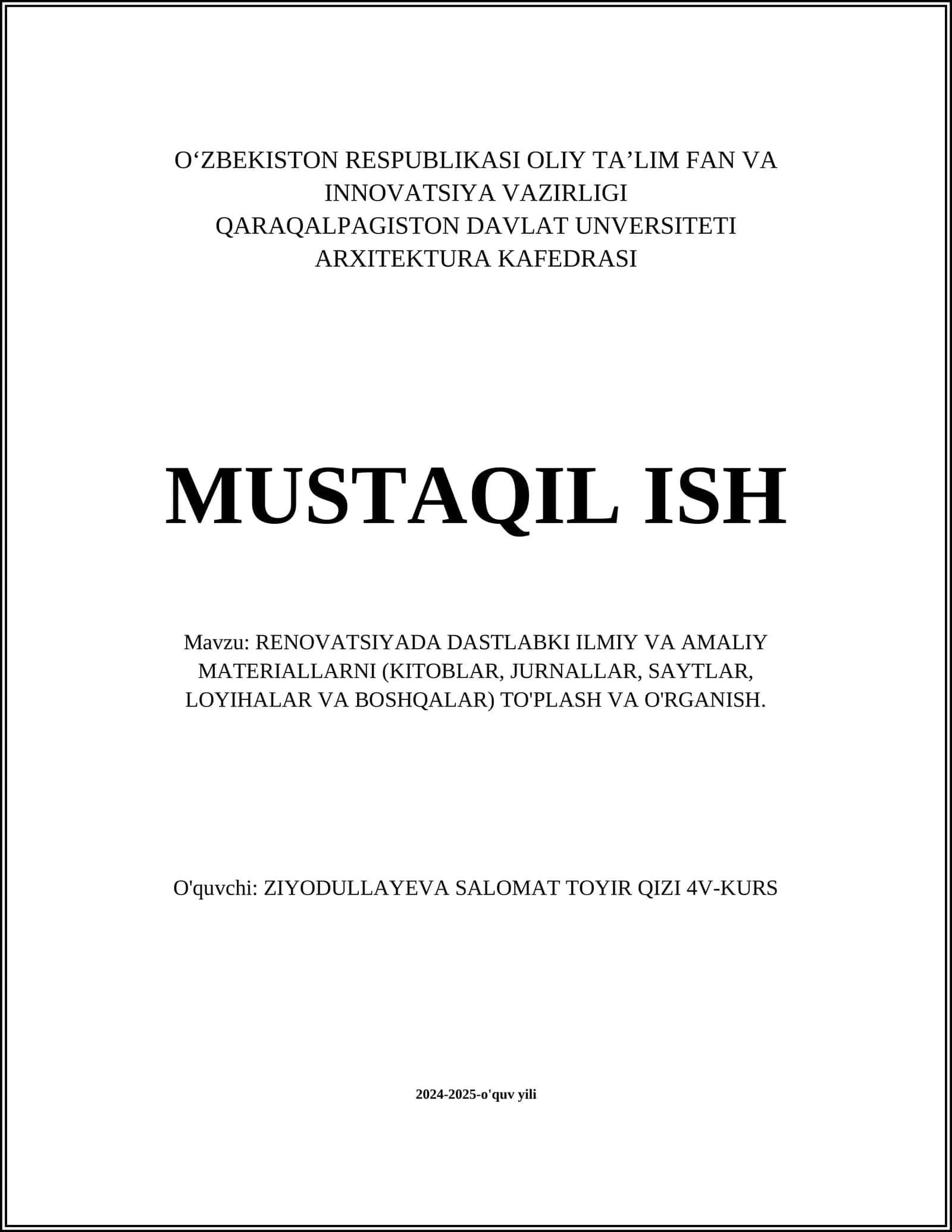 RENOVATSIYADA DASTLABKI ILMIY VA AMALIY MATERIALLARNI TO'PLASH VA O'RGANISH 1