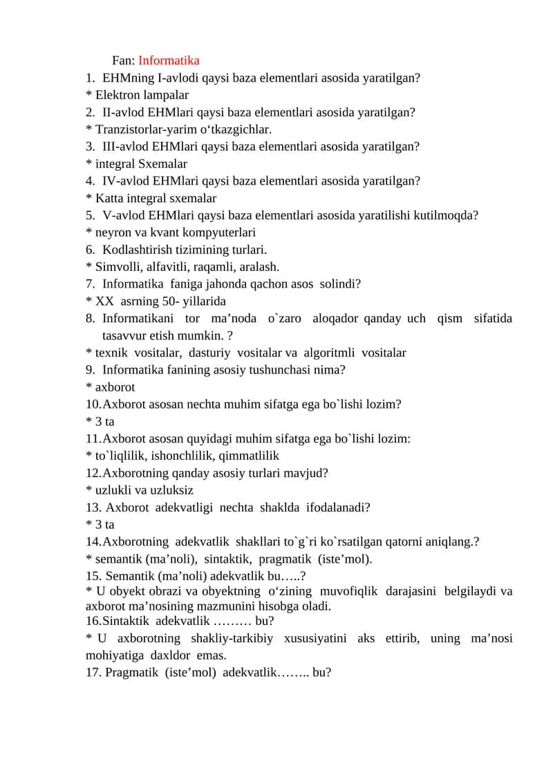 Informatika Fanidan Testlar 1