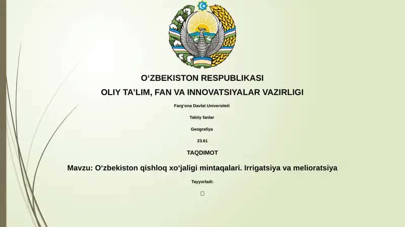 O‘zbekistоn qishloq xo‘jaligi mintaqalari. Irrigatsiya va melioratsiya 1