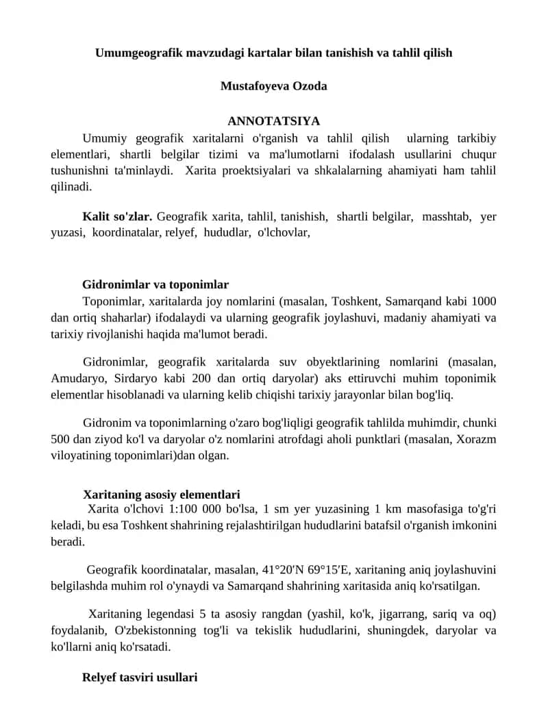 Umumgeografik mavzudagi kartalar bilan tanishish va tahlil qilish 1