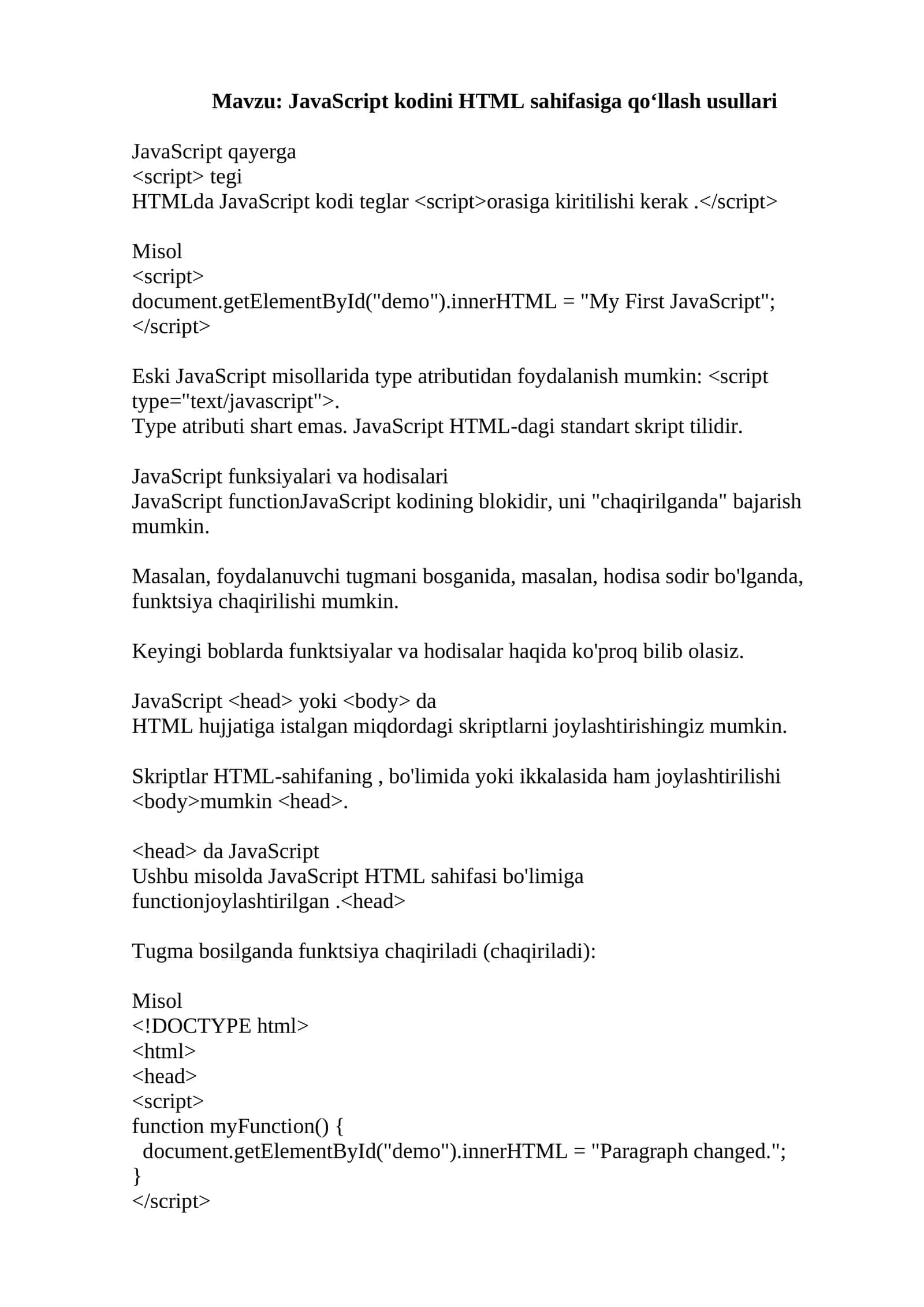 JavaScript kodini HTML sahifasiga qo‘llash usullari 1